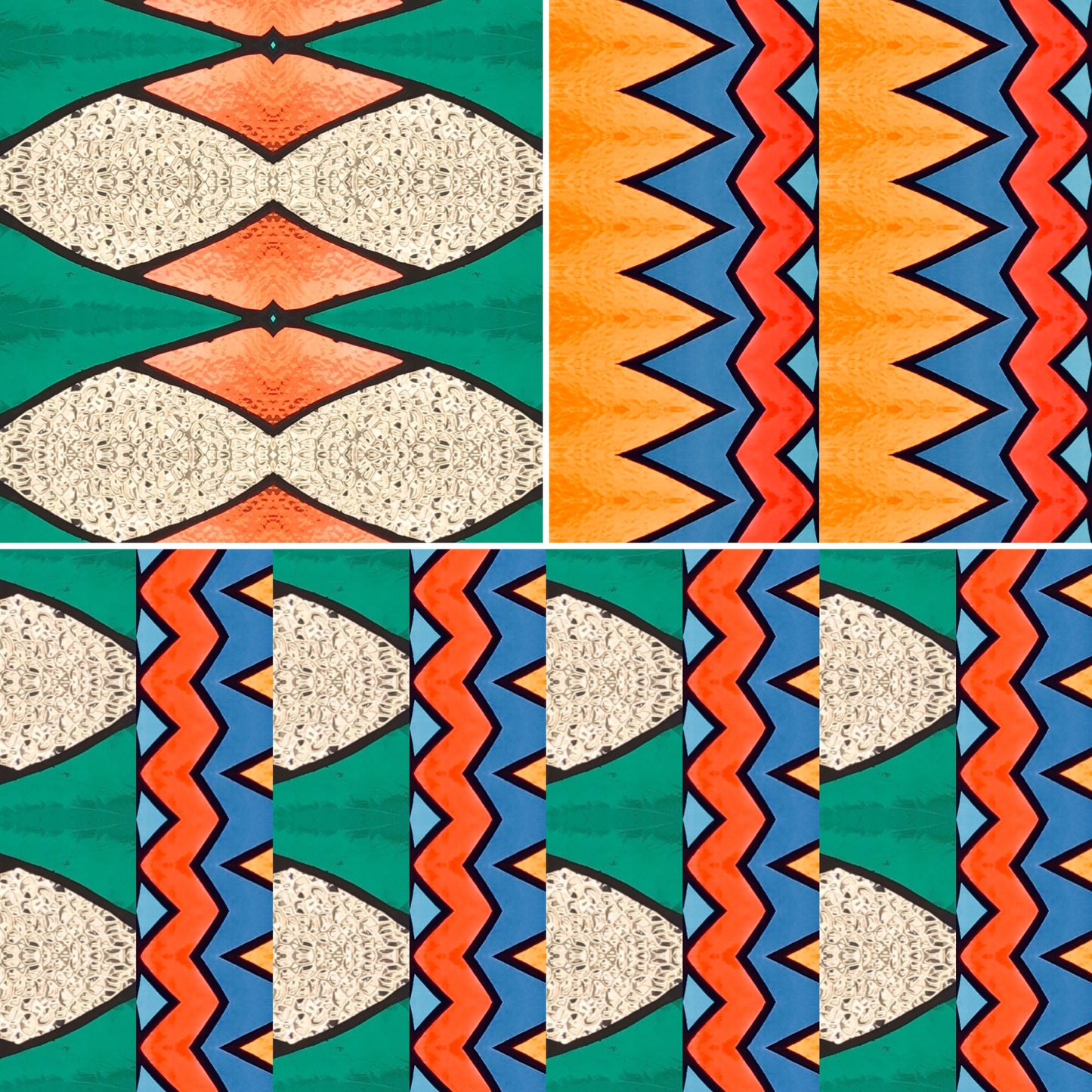 Collage of stained glass designs by Bryony Lane geometric patterns with vibrant colors on a textured background.