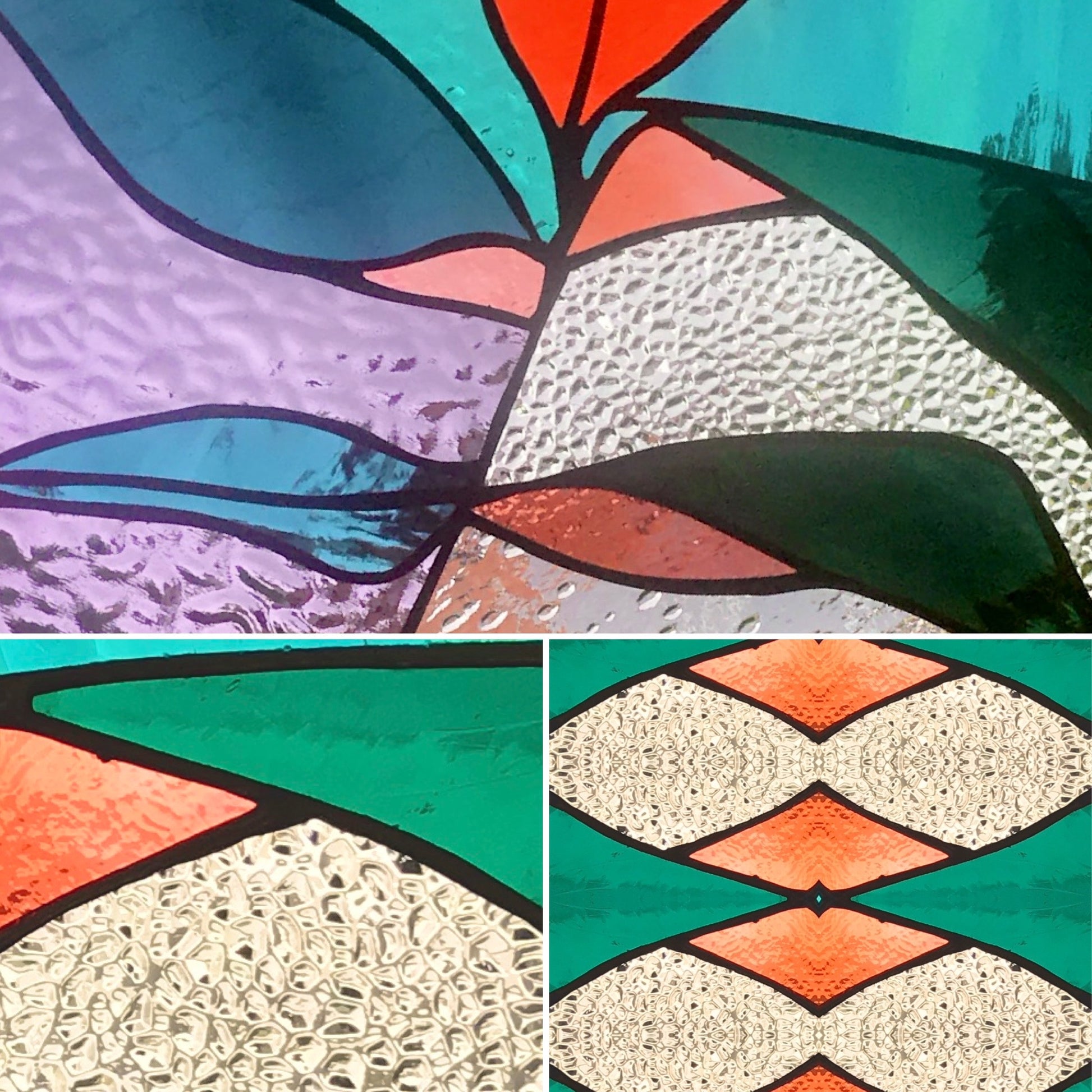 Collage of stained glass designs by Bryony Lane geometric patterns with vibrant colors on a textured background.