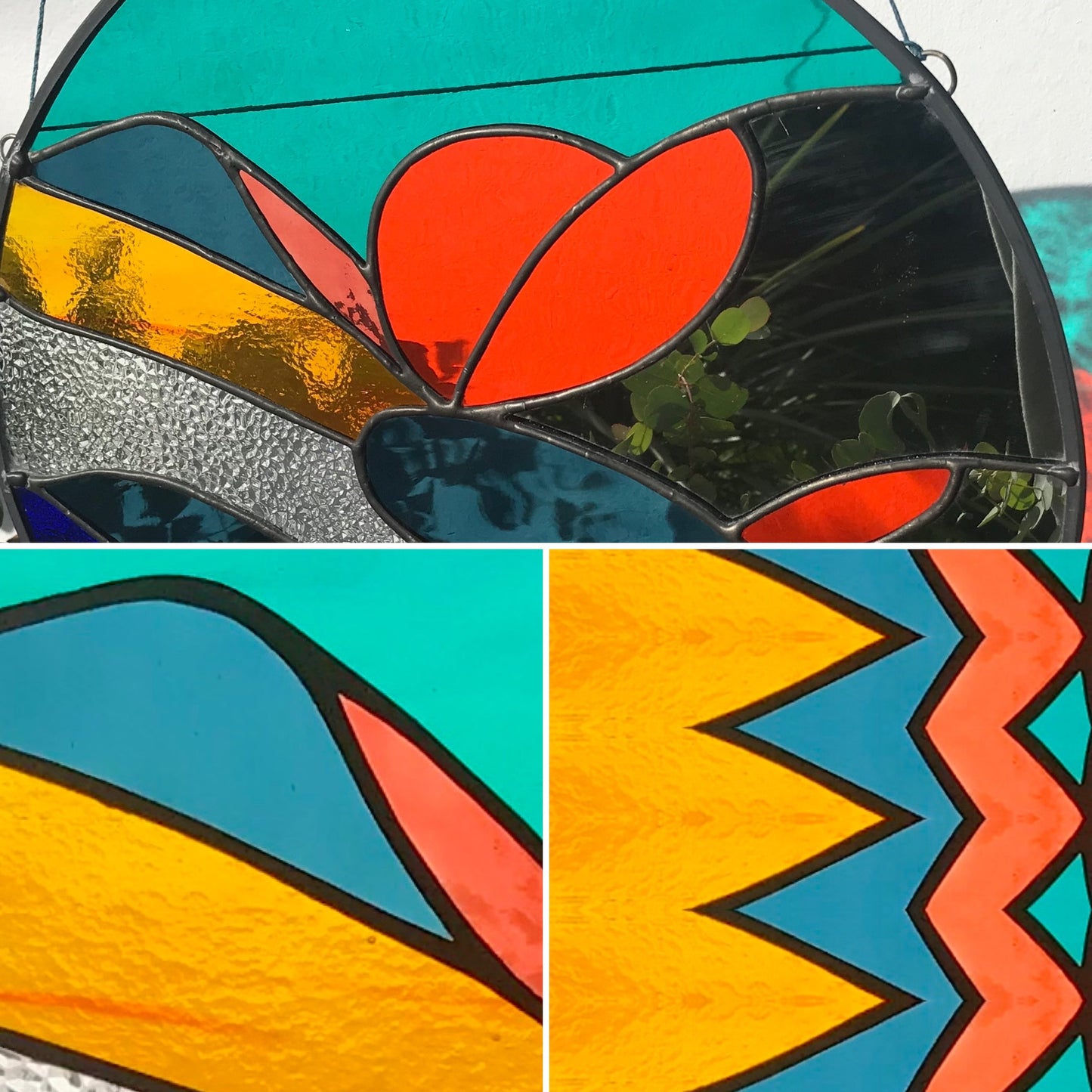 Collage of stained glass designs by Bryony Lane geometric patterns with vibrant colors on a textured background.