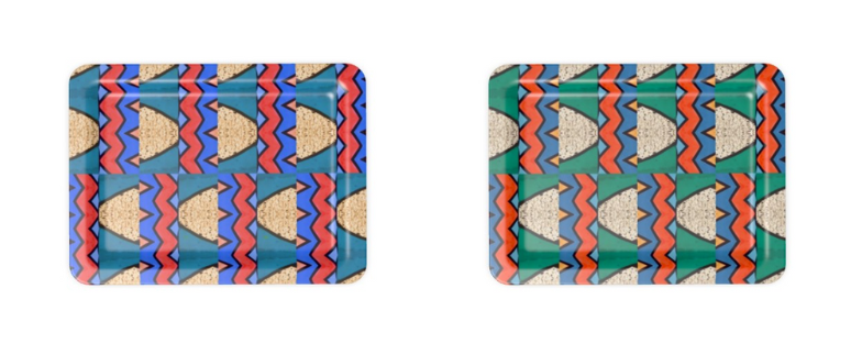 Colourful geometric Bryony Lane patterned trays on a white background